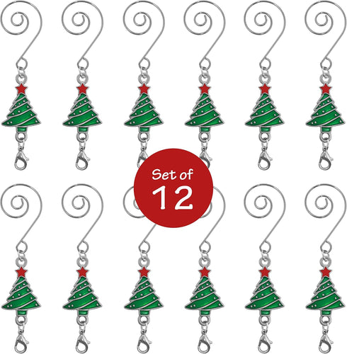 Ornament Hooks - Christmas Tree Shaped - S-Hook & Lobster Claw - Set of 12 - Enameled Trees with Red & Green Ornaments - Each Measures 3.5" L...