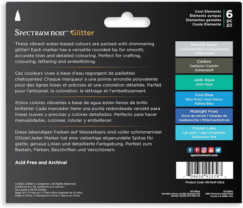 Spectrum Noir - Water-Based Glitter Markers - Pack of 6 - Cool Elements...