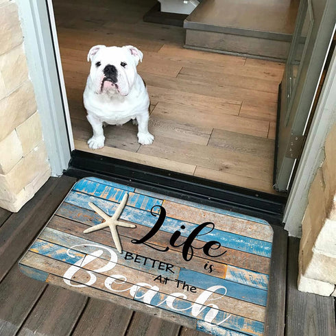 Life is Better at The Beach Door Mat Front Door Welcome Mat Ocean Coastal Starfish Entrance Rug Beach Wood Grain Non Slip Floor Mat for Kitchen En...