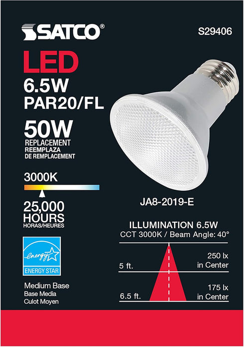 Satco S29406 6.5 Watt; PAR20 LED; 3000K; 120 Volt 6-Pack California Compliant Replaces S9406...