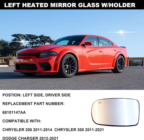 Renesemee Driver Left Side Heated Mirror Glass Compatible with Dodge Charger Challenger Chrysler 200 300 2011-2021 Replace 68101147AA...