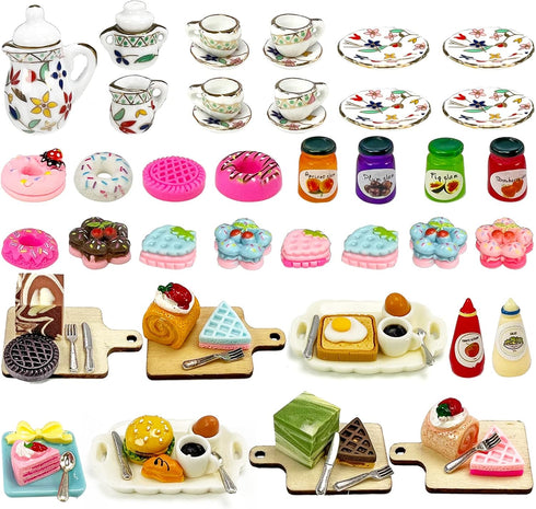 68 Piece Doll House Kitchen Accessory Sets Play Burger Bun Cake Milk Egg Cookies Jam Coffee and More Micro Foods Pretend Toys Kitchen Dress up...