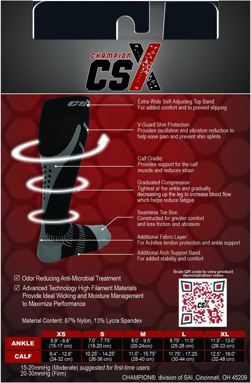 CSX 20-30 mmHg Compression Socks for Men and Women, Knee High, Recovery Support, Athletic Sport Fit, Silver on Black, Medium...