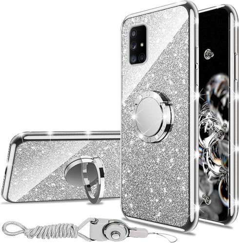 nancheng for Samsung Galaxy A71 5G Case with Ring Stand Strap Lanyard Shockproof Protection Cover Cute Girls Women Glitter Silicone Phone Case - S...