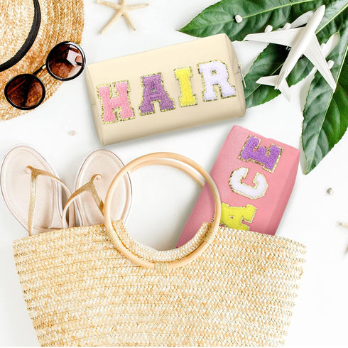 4 Pcs Large Chenille Letter Patch Makeup Bag Skin Stuff Hair Face Bag Preppy Patch Makeup Cosmetic Bag Toiletry Zipper for Women Teen Girl(Fresh C...