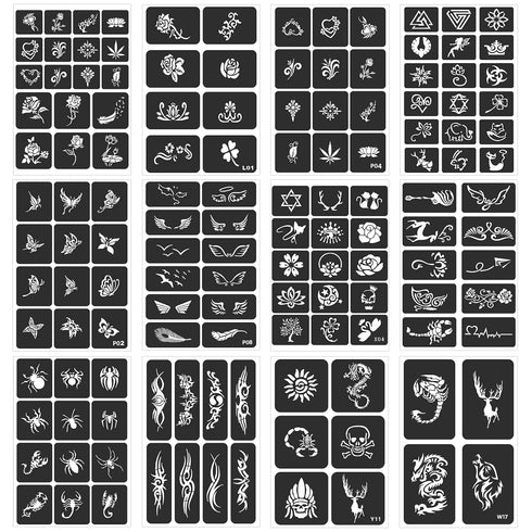 Tattoo Stencils For Kids Teens Adults, 24 Sheets Henna Tattoo Stencil Kit, 400 Tattoos Design, Tattoo Stencils for Real Tattoos, Airbrush Tattoo S...