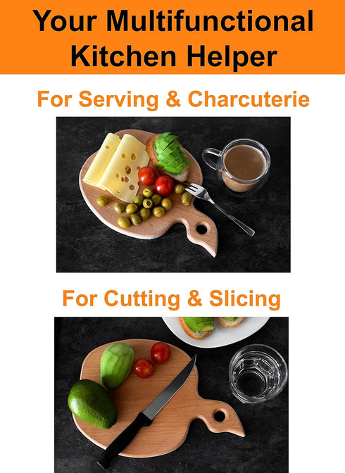 Apple-shaped Solid Wood Cutting Board With Handle For Fruit, Veggies, Cheese – Small Wooden Bread Board, Cheese Serving Platter, Round Charcuterie...