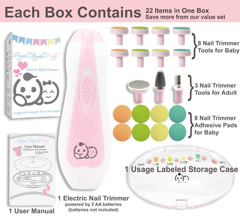 Baby Nail Trimmer 21 in 1, Usage Labeled Case & 13 Extra Replacement Tools, Royal Angels Baby Electric Nail File, Baby Nail Care, Nail Clipper New...