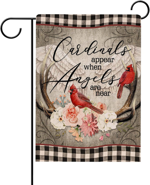 Cardinal Appear When Angels are Near Spring Peony Flower Home Decorative Garden Flag, Plaid House Yard Red Bird Double Sided, Memorial Outside Dec...
