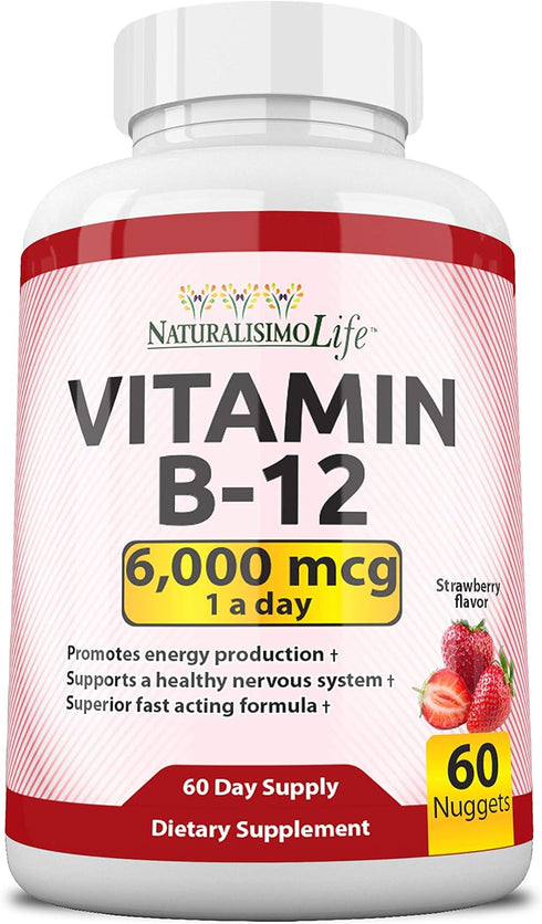 Vitamin B12 6,000 mcg Maximum Strength Fast Acting Formula Strawberry Flavor Nuggets Promotes Energy Production Supports The Nervous System 60 Nug...