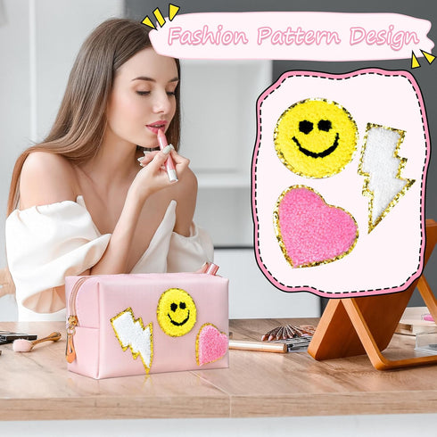 WECOOL Preppy Makeup Bag, Waterproof PU Leather Smiley Face Patch Makeup Bag Preppy, Travel Makeup Bag with Plenty of Space, Portable Cute Toiletr...