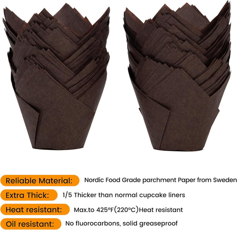 Nordic Paper100pcs Large Size Brown Tulip Cupcake Liners for Baking Cups EU Parchment paper Tulip Muffin Liners, Cupcake Wrapper for Party, Christ...