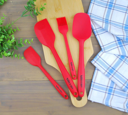 Set of 4 Pure Silicone Spatulas Spoon Pastry Basting Brush Heat Resistant (11"-8.4") (4, Spatula Set - Red)...