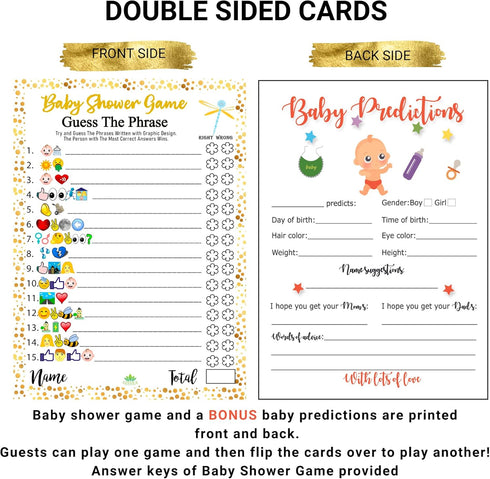 LOTUS-A Baby Shower Games - Hilarious Guess The Phrase and Predictions Cards 30 Thick Cardstocks 7x5 inches Printed Front Back Side Answer Keys In...