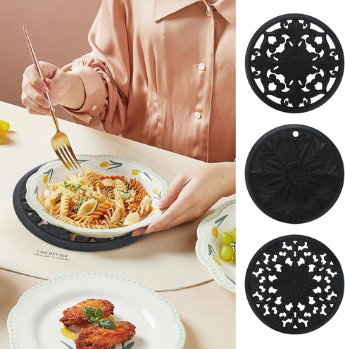 Set of 3 Silicone Trivet Mat Thick Round Trivet Set Non Slip Heat Resistant Modern Carved Trivet Kitchen Decor and Accessories for Hot Dishes, Pot...