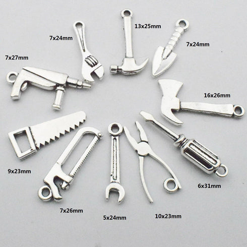 50pcs Antique Silver Tone 10 Kinds Mix 3D Tool Charm Collection Hammer Charm Wrench Charm Saw Charm Pliers Charm Tape Charm Screwdriver Charm Cons...