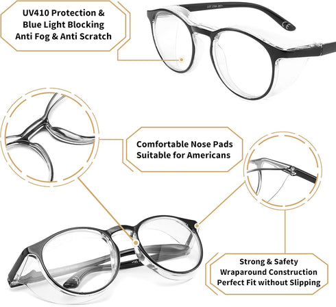 Safety Glasses Anti Fog Goggles Protective Eyewear Blue Light Blocking Anti Dust UV Protection Glasses For Men Women (Round-Black)...