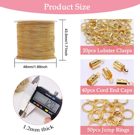 CREATZONE 33ft Gold Snake Chain 1.2mm Necklace Link Cable Chain Round Snake Brass Chain with Lobster Clasps, Jump Rings, Cord Ends for DIY Jewelry...