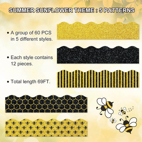 Whaline 69Ft Summer Glitter Bulletin Board Borders 5 Designs Yellow Black Bee Theme Decoration Trim Bee Bulletin Board Stickers for School Classro...