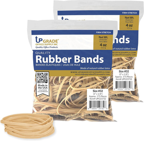 Upgrade Office Supply UPG23732PK2 Rubber Bands, Size #32 (3" x 1/8"), 4 oz. Bags (2 Pack), Natural Crepe Color, Made in USA...