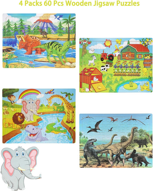 Puzzles for Kids Ages 4-6, 4 Packs 60 PCs Jigsaw Wooden Puzzles Preschool Educational Toys Gifts for Children Ages 3-5 4-8, Kids Dinosaur Puzzles ...
