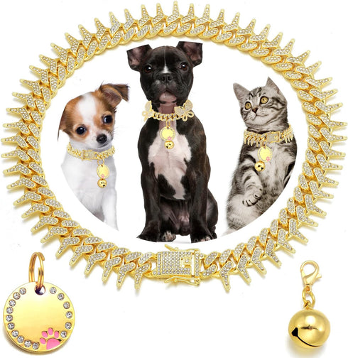 Rivet Cuban Link Dog Collar 13mm Gold Chain Dog Cat Collar with Design Secure Buckle Bling CZ Diamond Chain Dog Collars for Small Medium Large Dog...