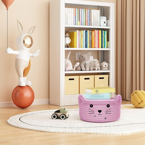 2 PCS Small Woven Basket Cat Ear Basket, Animal Cotton Rope Storage Basket with Cat Ears, Round Decorative Storage Baskets Cute Cotton Rope Cat Ba...