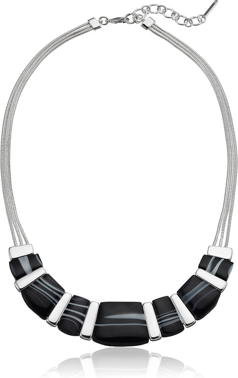 Nine West womens Silver-Tone and Black Agate 16" Frontal Necklace, 16" + 2" Extender...