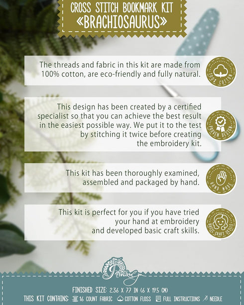 Povitrulya Dinosaur Counted Cross Stitch Kit Brachiosaurus - DIY Bookmark Set for Hand Embroidery...