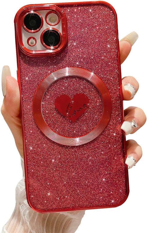 Compatible with iPhone 15 Plus 6.7 Inch Case with Magsafe, Plating Heart Glitter Magnetic Case for Women Girl TPU Camera Protection Back Cover for...