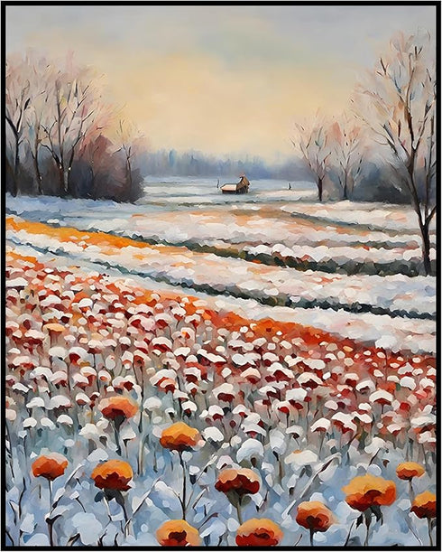 Posterizer 1 pcs-snowy winter flowers scene in oil painting style-16-Floral & Botanical Art-Landscape & Nature Art-Living Room Bedroom Decor- unfr...