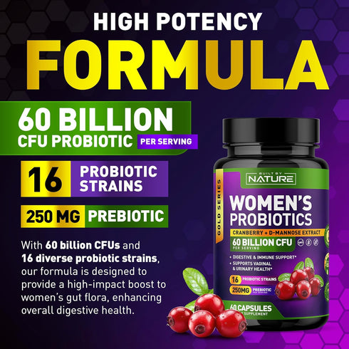 Probiotics for Women - 60 Billion CFUs, 16 Strains, with Cranberry, D-Mannose & Prebiotics - Supports Digestive, Immune, & Vaginal Health - Non-GM...