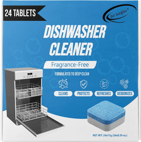 Air Jungles Dishwasher Cleaner Tablets 24 Count, Fragrance Free, Deep Cleaning Descaler Pods, Clean Dishwasher Machine, Remove Limescale, Hard Wat...