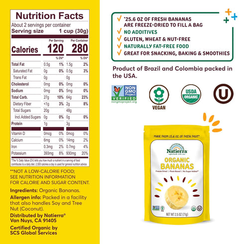 NATIERRA Organic Freeze-Dried Bananas USDA Certified Organic, Vegan & Non-GMO 2.5 Ounce (Pack of 1)...