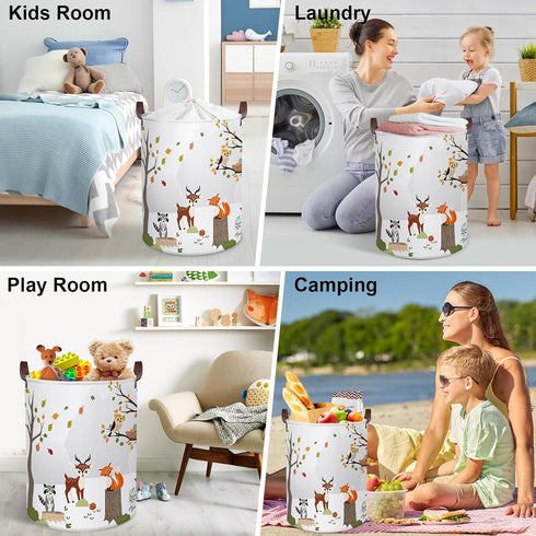 Clastyle 45L Woodland Animals Laundry Basket Collapsible Waterproof Forest Fox Storage Basket with Handle Kids Room Jungle Deer Laundry Hamper wit...