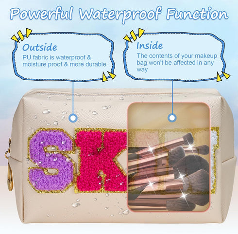 2 Pcs Preppy Makeup Bag, SKIN STUFF Chenille Letter Preppy Makeup Bag, Large Capacity Daily Use & Travel Skincare Bag, Waterproof PU Leather Perso...