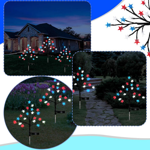 2 Pack 4th July Decorations Outdoor Solar Lights Patriotic Decorations Solar Red White Blue Star Lights Waterproof Outdoor Independence Day Lights...