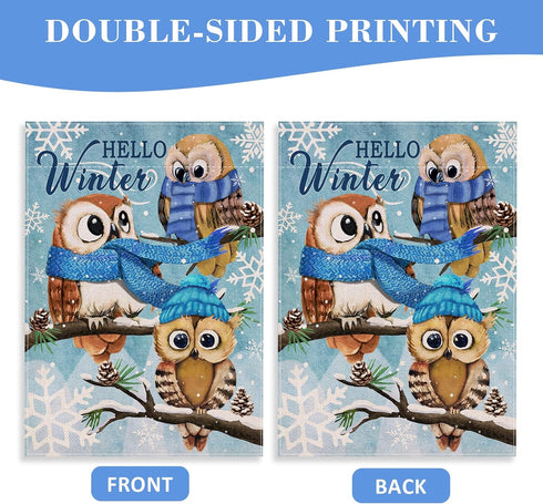 Home Decorative Hello Winter Owls Family Garden Flag, Animals Yard Outside Decorations, Snow Farmhouse Outdoor Small Decor Double Sided 12x18...