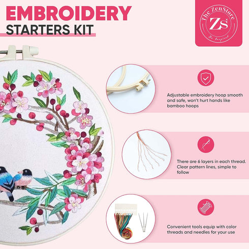 Embroidery Starter Kit for Beginners with Pretty Floral and Birds Patterns. Complete DIY, Includes 3 Hoops, 3 Stamped Patterns, Needles, Scissors,...
