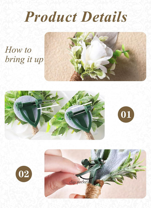 Rose Boutonniere for Men Wedding - Handmade White Corsage Feather Boutonnier for Woodland Wedding Groom Groomsmen Formal Dinner Party Ceremony Ann...