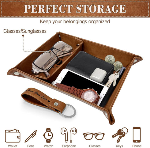 Dad Gifts for Fathers Day, PU Leather Valet Tray and Keychain, Christmas Birthday Gifts for Dad from Daughter Son, Nightstand Tray for Dad, Catcha...