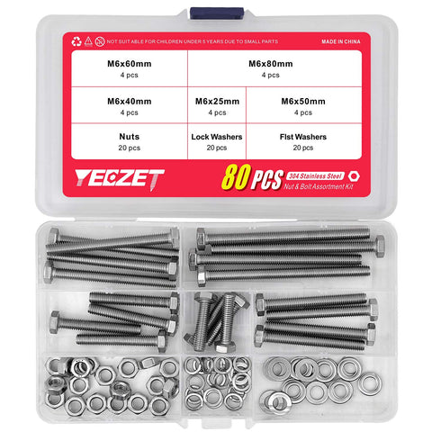 20Set M6 Stainless Steel Hex Head Screws Bolts and Nuts Flat & Lock Washers Assortment Kit, 304 Stainless Steel 18-8,Fully Machine Thread 25mm 40m...