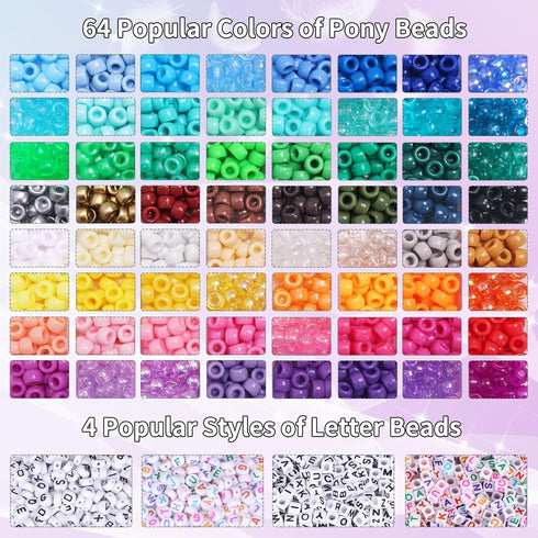 QUEFE 2350pcs, 64 Colors, Pony Beads for Bracelet Making Kit, Rainbow Kandi Beads Friendship Bracelet Kit, Letter Beads and Elastic Strings for Br...