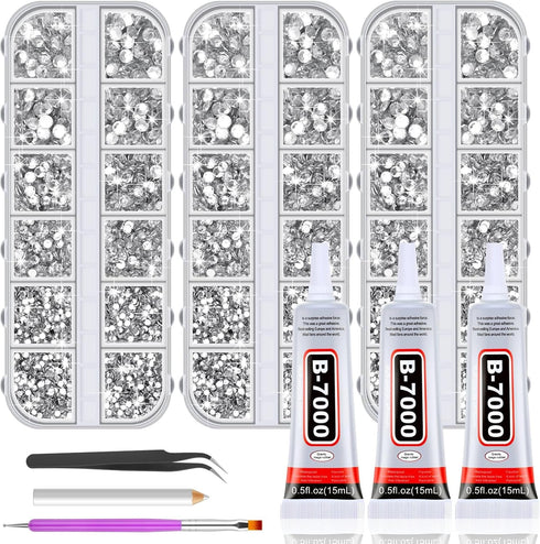 Rhinestones B7000 Glue with 14000Pcs Silver Diamonds for Crafts, Fabric Gem Glue Rhinestones Kit ss6-ss20 with Dotting Tools Clear Rhinestone for ...