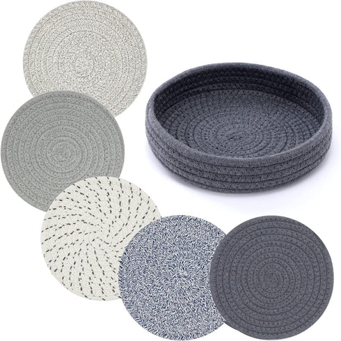 Trivets for Hot Dishes, Trivets for Hot Pots and Pans, 7 Inchs Hot Pads 5 Pcs and Storage Basket for Countertops, Pot Holders for Kitchen, Cotton ...