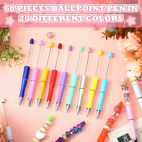 60 Pieces Plastic Beadable Pen Bead Ballpoint Pen Black Ink Beaded Pens for Kids Students Presents Office School Supplies (Candy Color,Classic)...