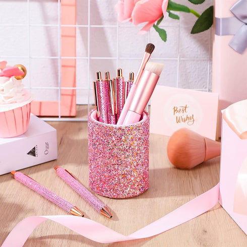 Bling Sequin Pen Holder with 6 Pcs Sequin Click Pens Cute Sequin Glitter Retractable Ballpoint Pens, Pencil Cups for Desk Organizer Makeup Brush H...