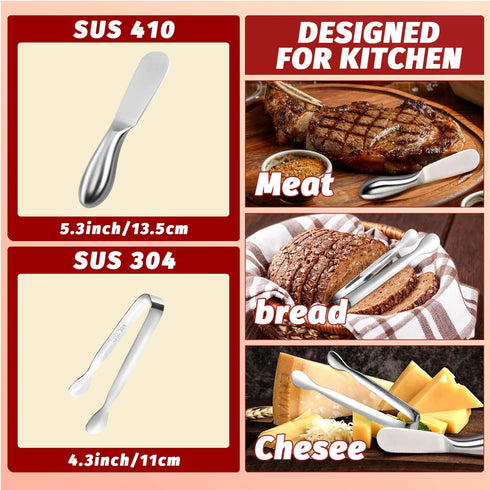Butter Spreader Knife Set 8 PCS Stainless Steel Cheese Butter Spreader Knives and Mini Serving Tongs for Cheese Cold Butter Jam Appetizers Pastry ...