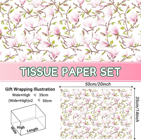 100 Sheets Pink Magnolia Flowers Printed Tissue Paper Floral Pattern and Leaves Art Decorative Tissue for Gift Wrapping Supplies...