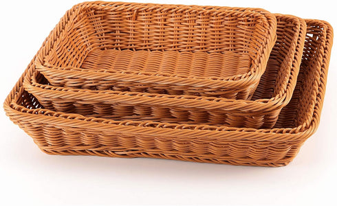 ZOENHOU 3 Packs Poly Wicker Bread Basket, 16” 14” 12” Handmade Woven Empty Gift Basket, Tabletop Wicker Serving Baskets for Home Restaurant Hotel ...